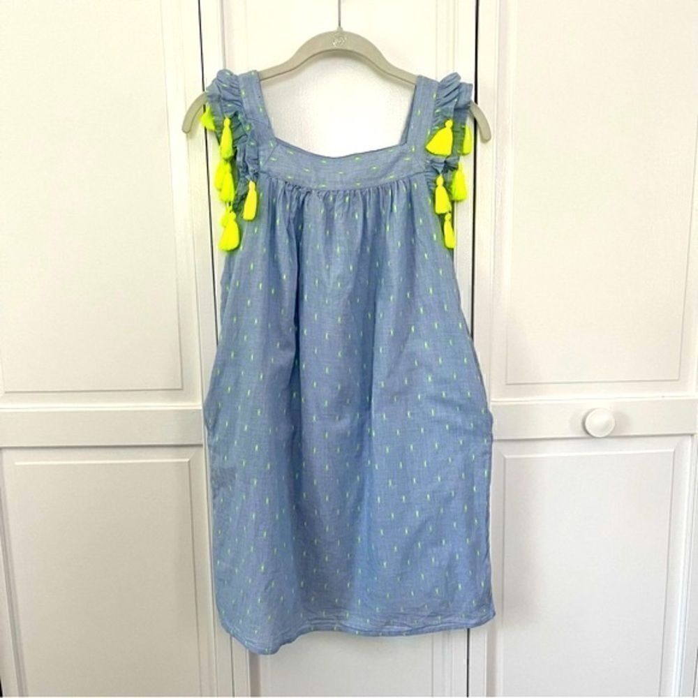 Vineyard Vines Light Blue Dress Yellow Tassels Swiss Dot Girls Size Medium 10-12